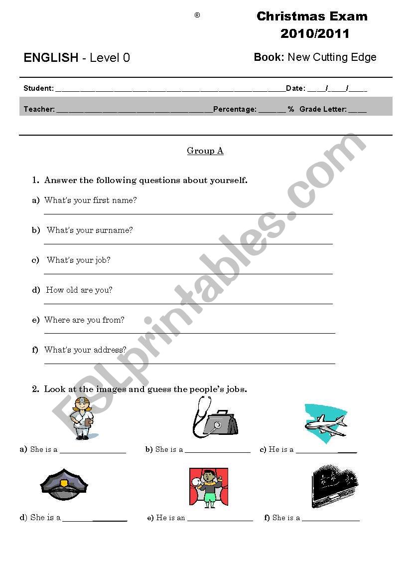 Starters exam for adults worksheet