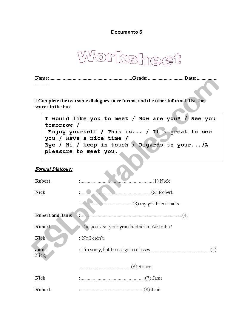 dialogues- greetings worksheet
