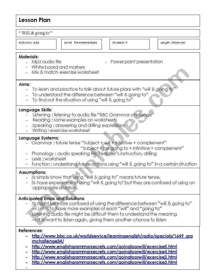 Grammar lesson plan worksheet