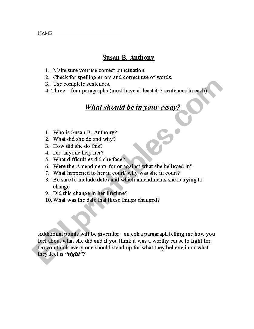 Susan B Anthony essay  worksheet