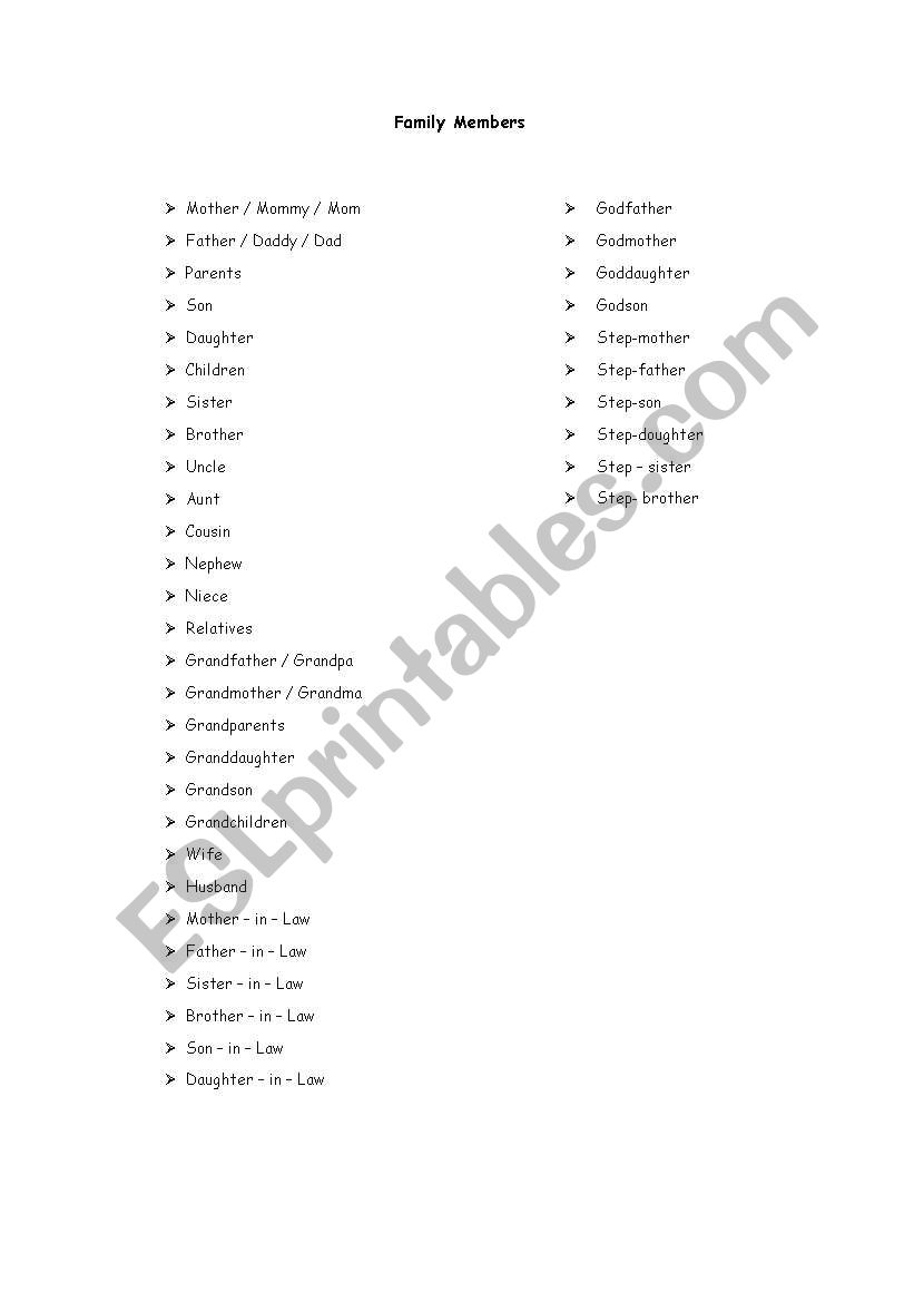 Family Members worksheet