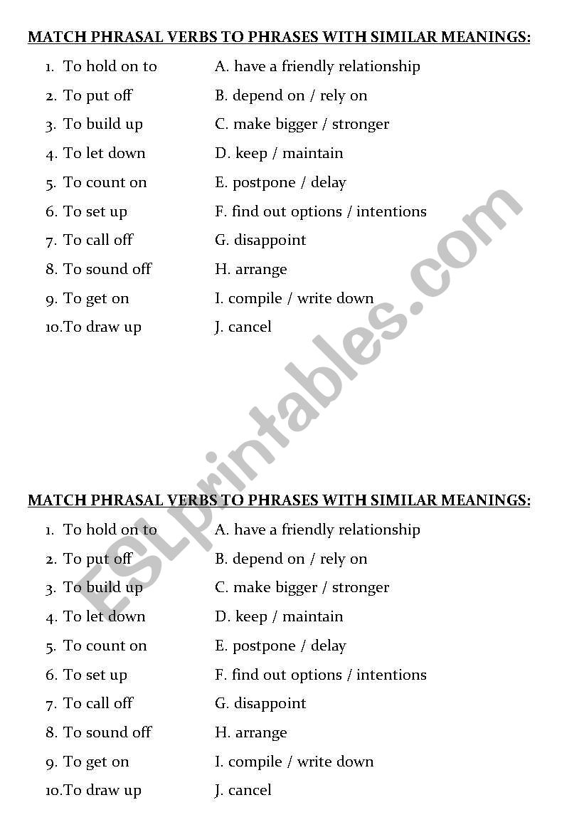 Phrasal verbs match worksheet