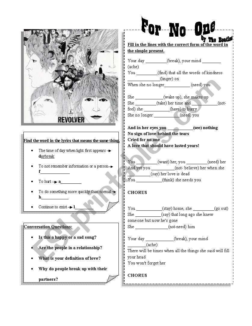 For No One by the Beatles  worksheet