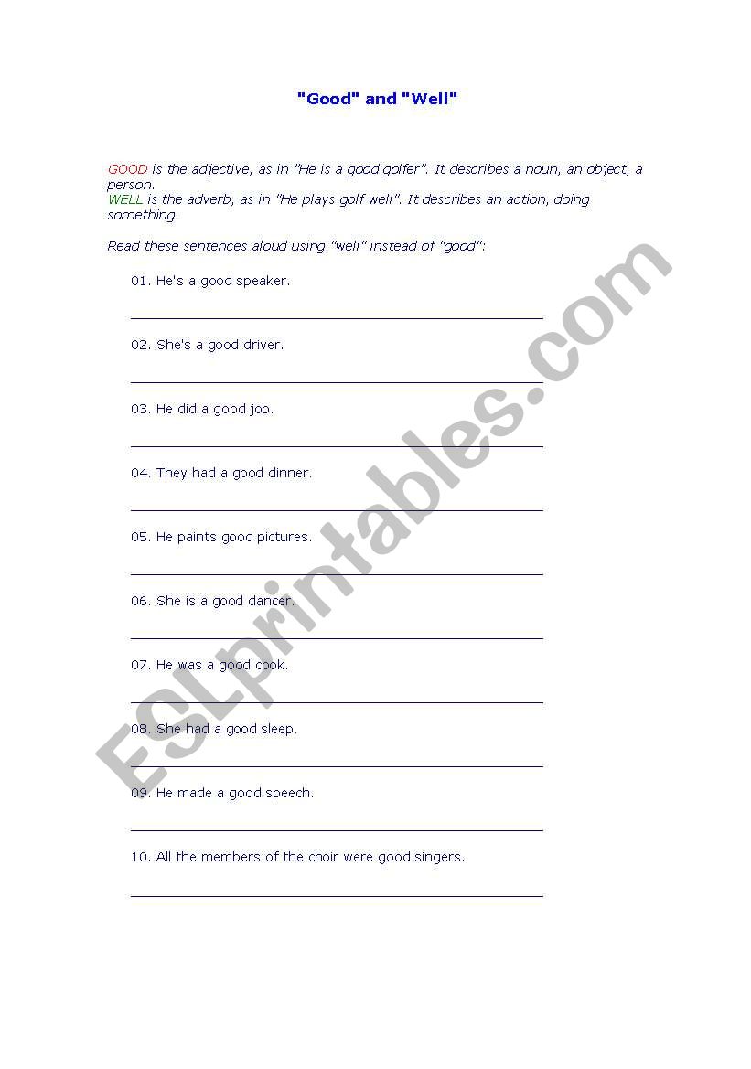 good and well worksheet
