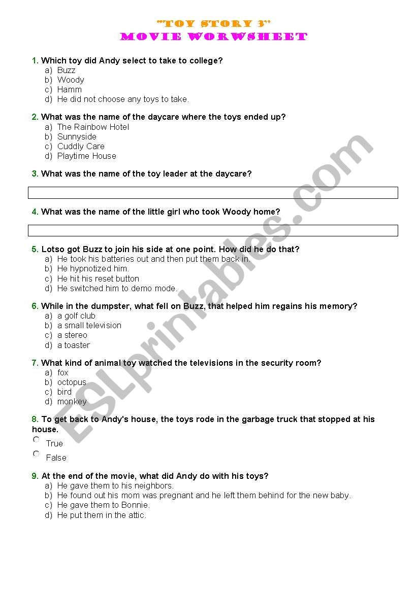 Toy Story 3 - Movie Worksheet worksheet