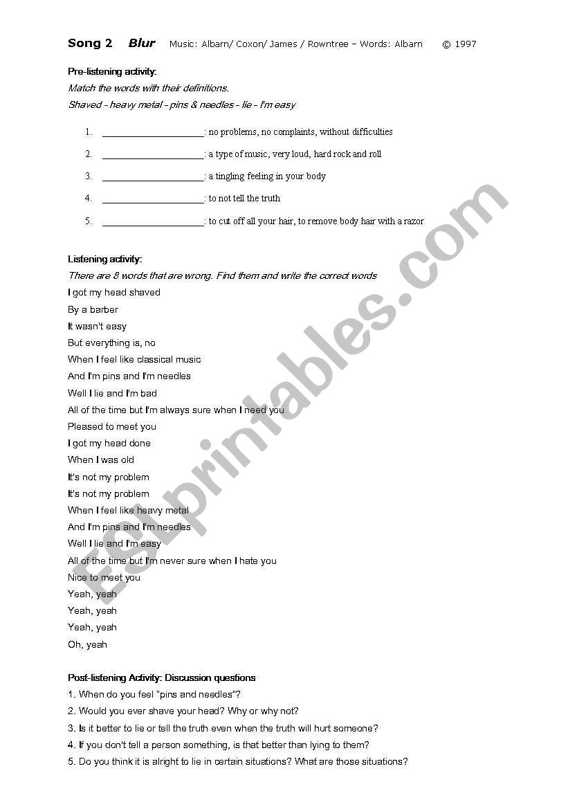 Blur - Song 2 worksheet