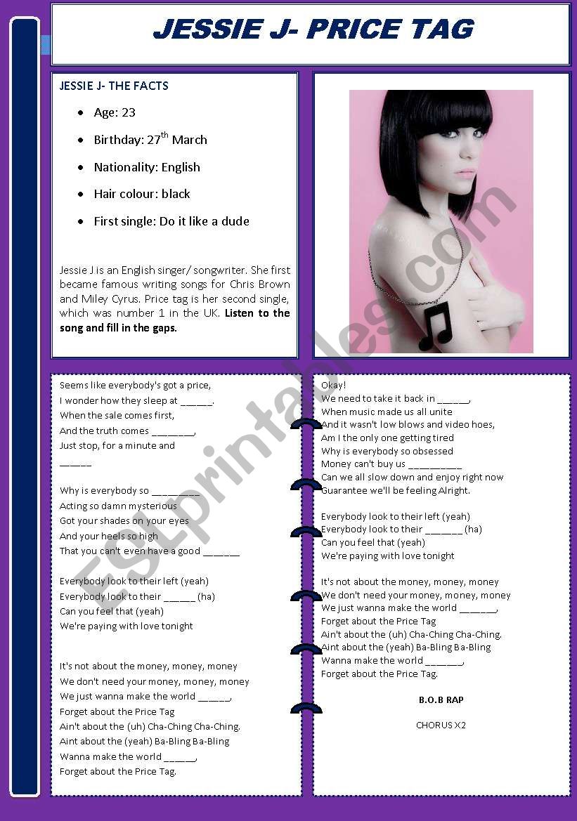 Jessie J Price Tag worksheet