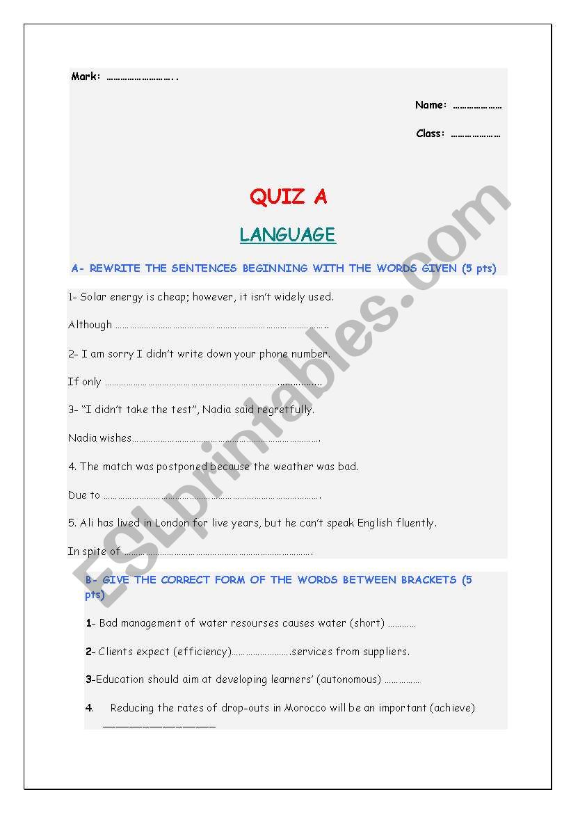 language test A and B worksheet