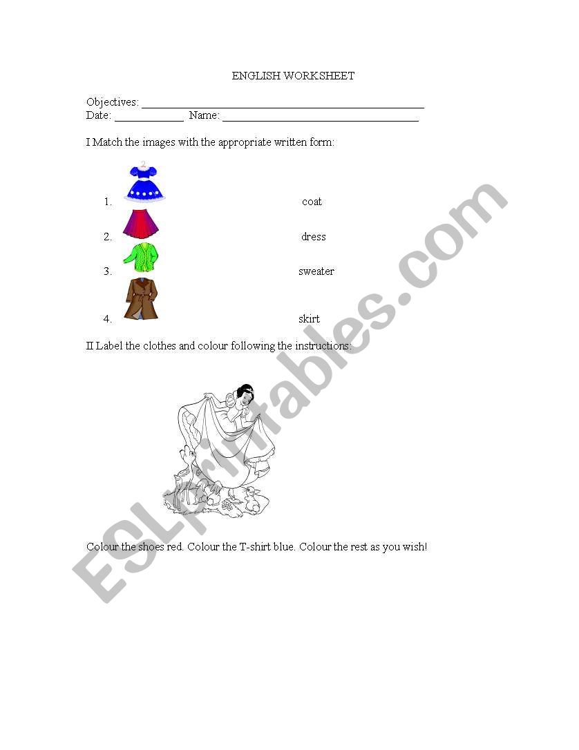 Snow Whites clothes worksheet