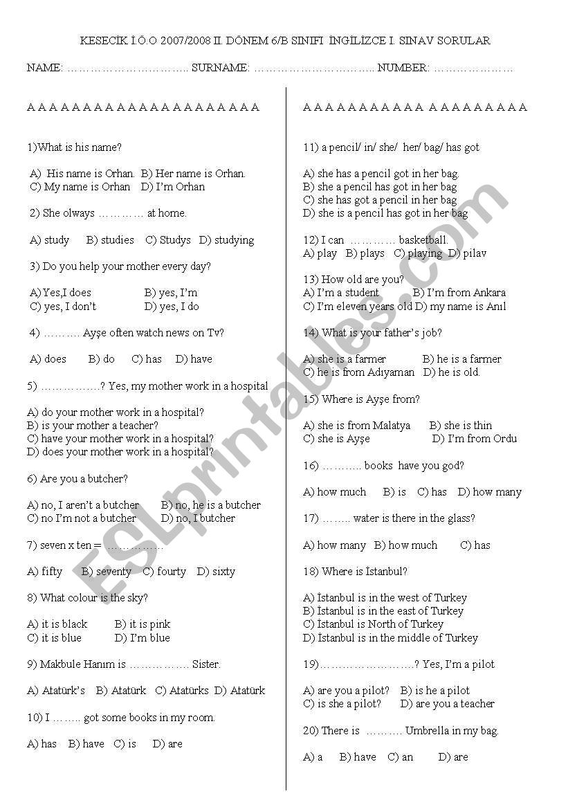 6th grade exam worksheet