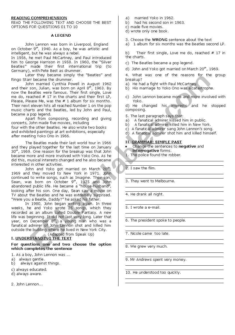 READING COMPREHENSION worksheet