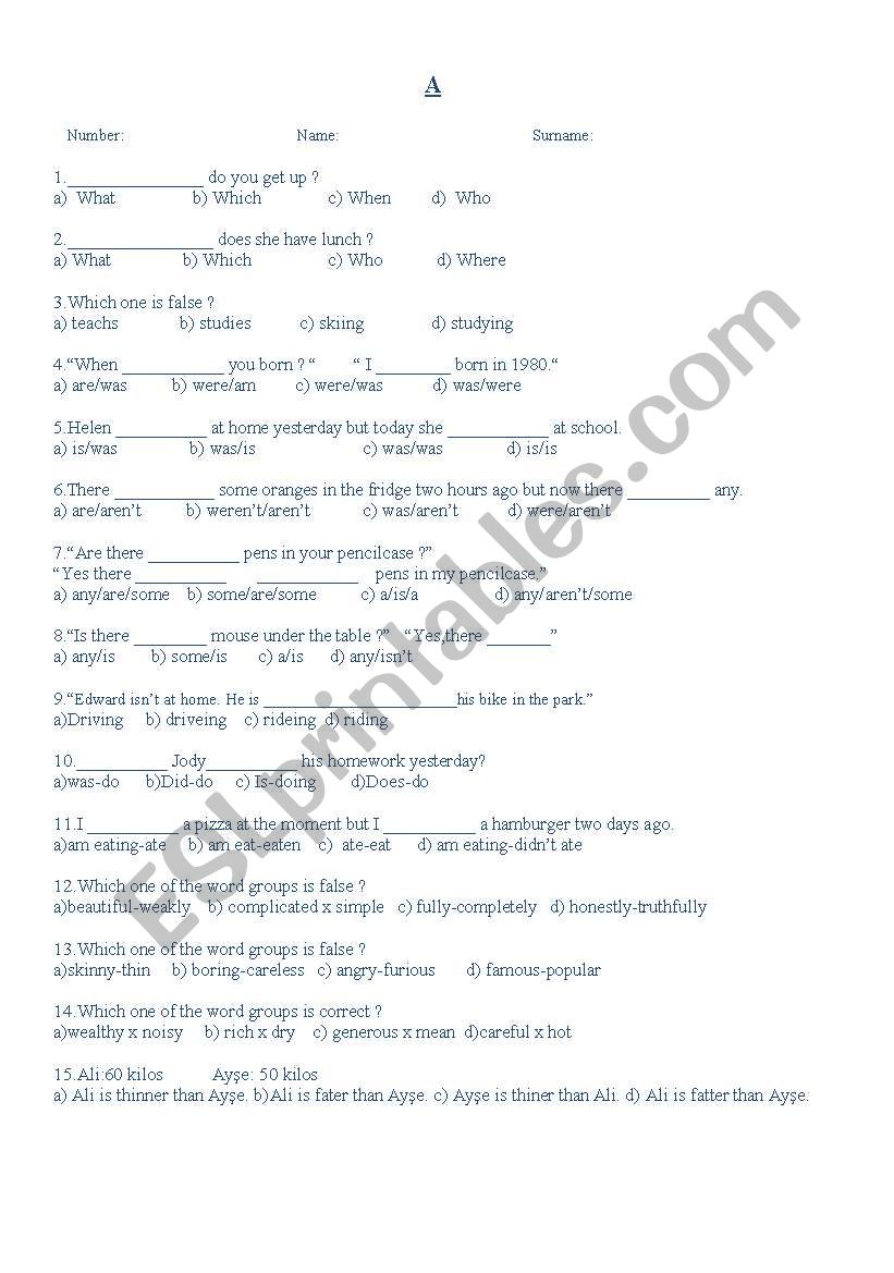 MULTIPLE CHOICE worksheet