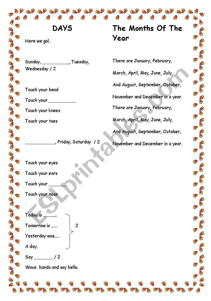 days and months song worksheet