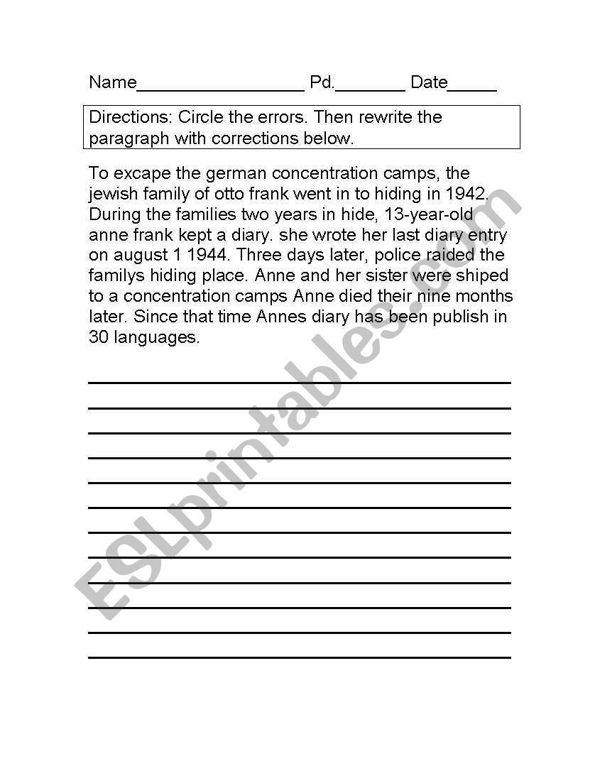 Proofreading Anne Frank paragraph with answers