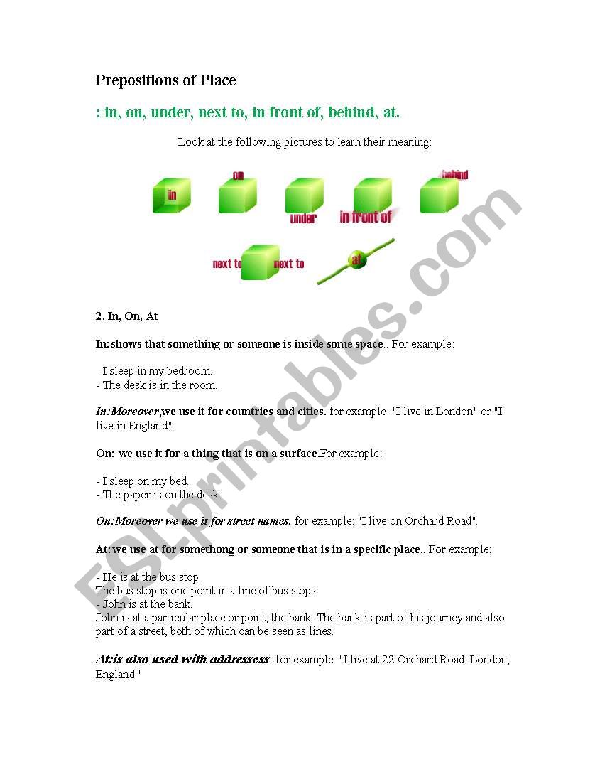 Prepositions of Place worksheet