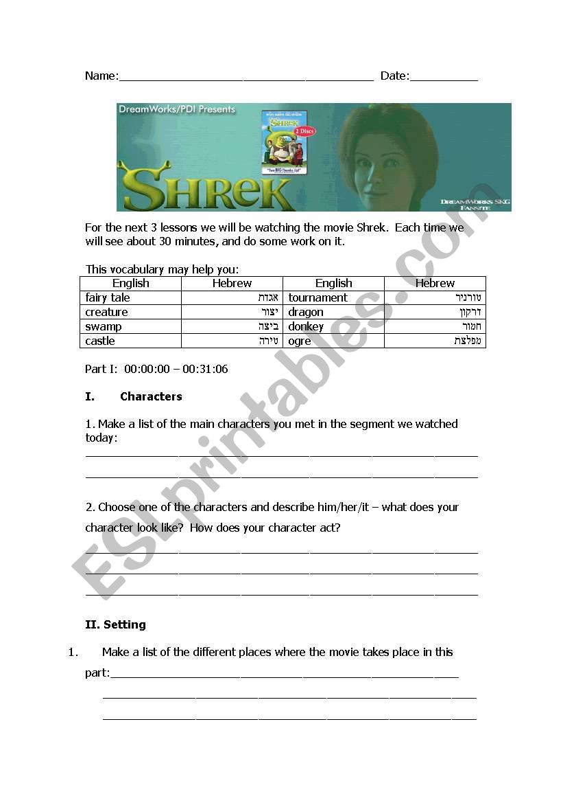 shrek-cartoon worksheet