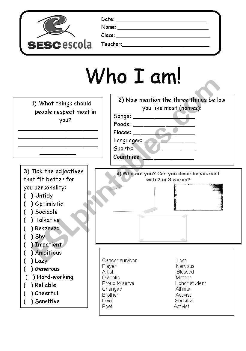 Who I am worksheet