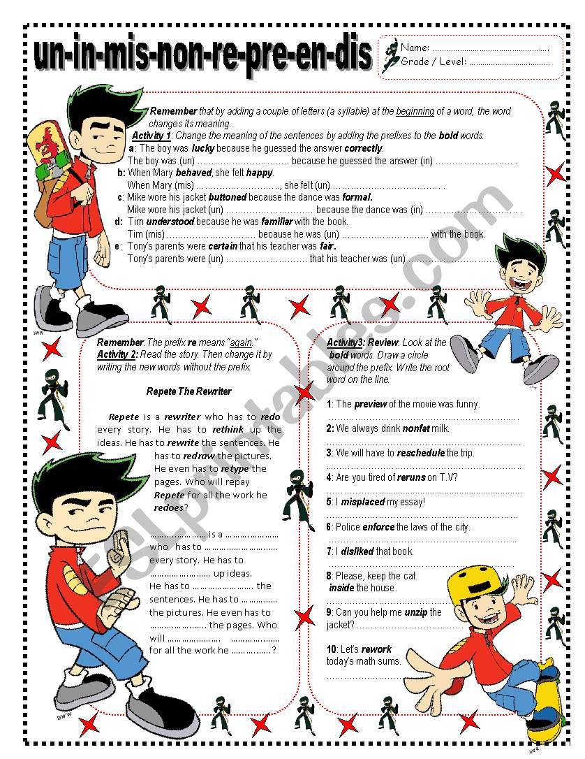 Prefixes  un - in - mis - non - re - pre - en  & dis . Key included