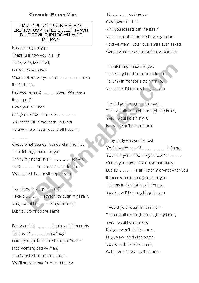 Grenade - Bruno Mars worksheet