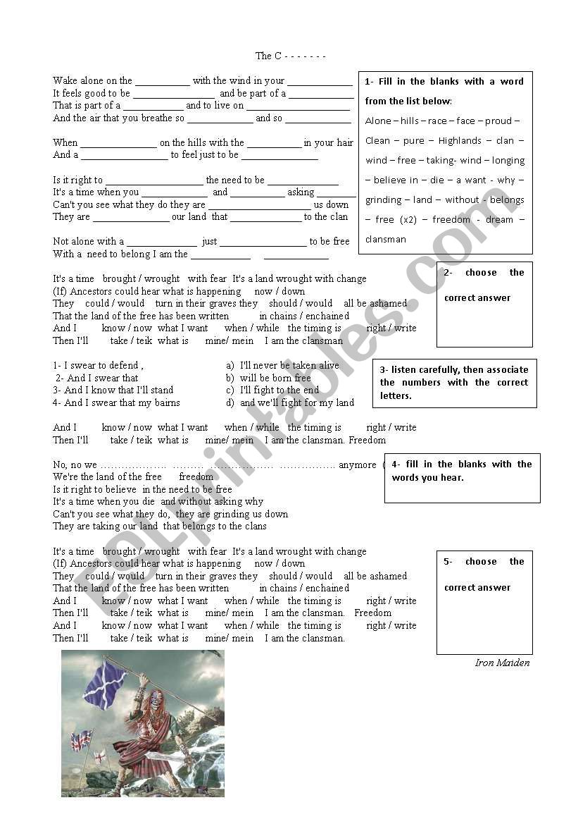 the Clansman by Iron Maiden worksheet