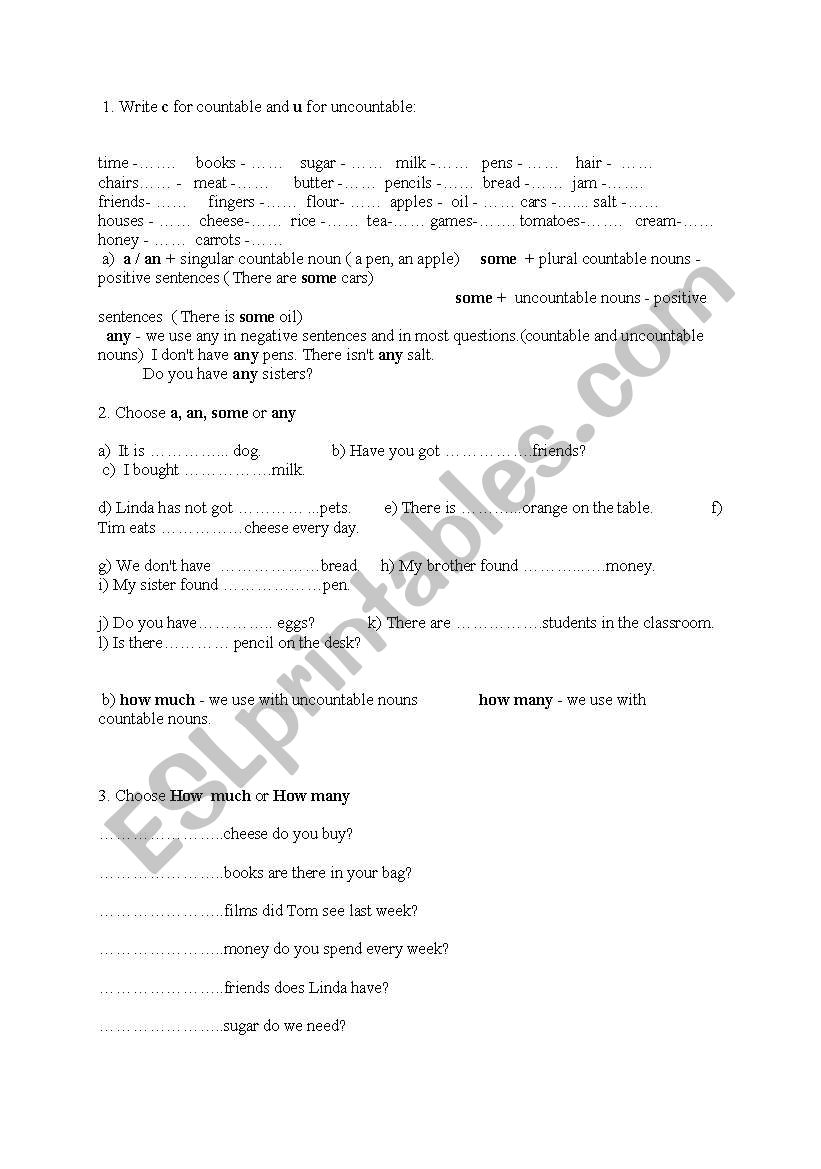 countable uncountable nouns worksheet
