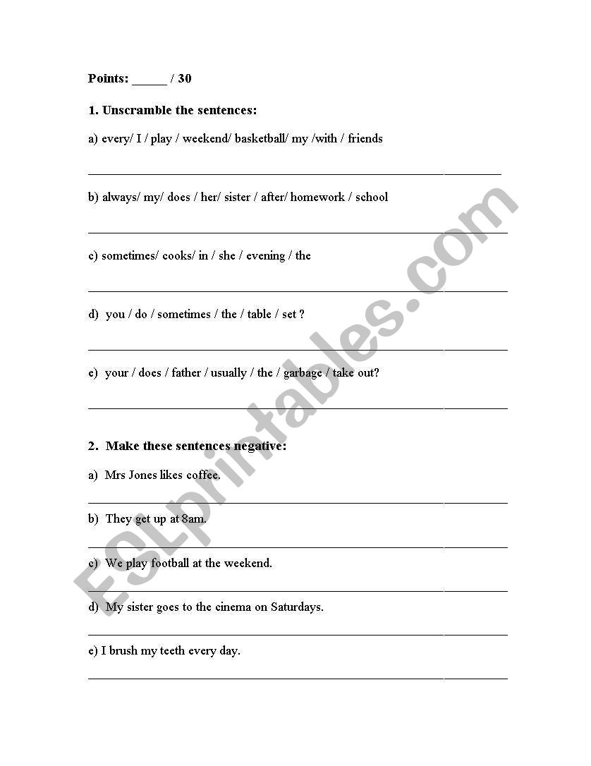 PRESENT SIMPLE TEST worksheet