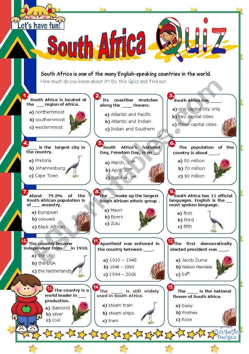 South Africa  Quiz worksheet