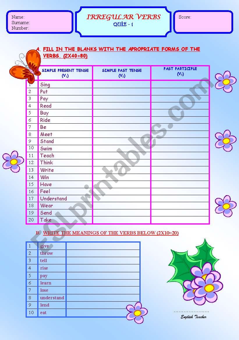 IRREGULAR VERBS -QUZ 1 worksheet