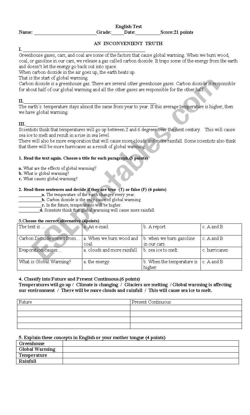 An Inconvenient Truth worksheet