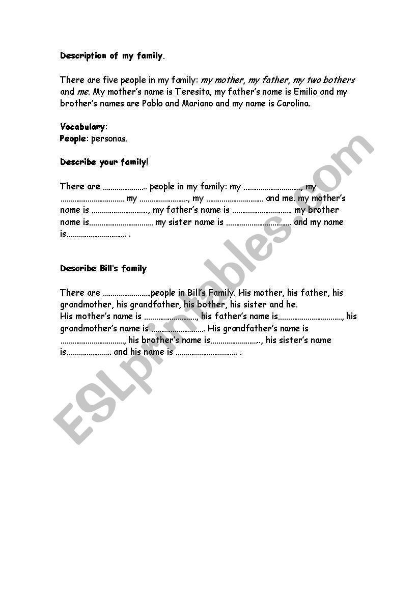 Description of my family worksheet