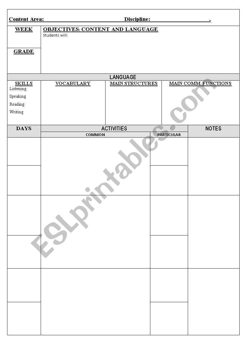 A weekly plan chart  worksheet