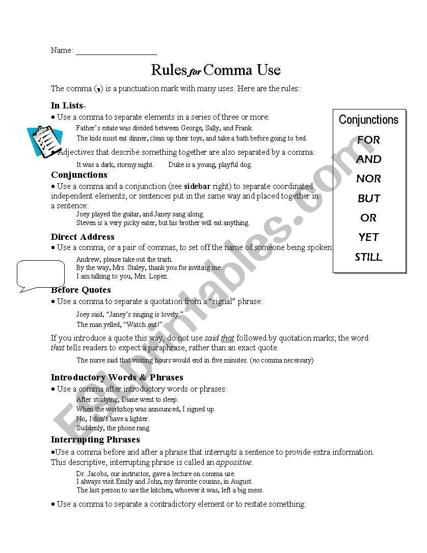 Rules for Comma Use worksheet