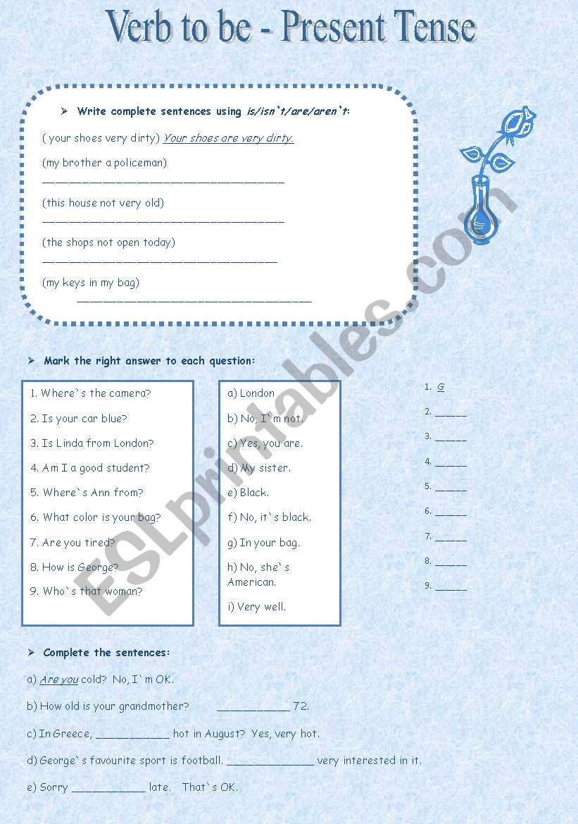 Verb to be - Present tense worksheet