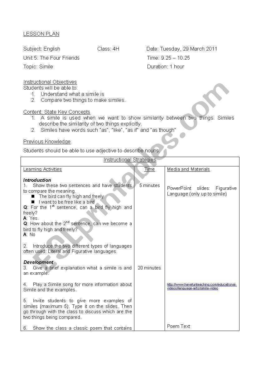 Simile Lesson Plan worksheet