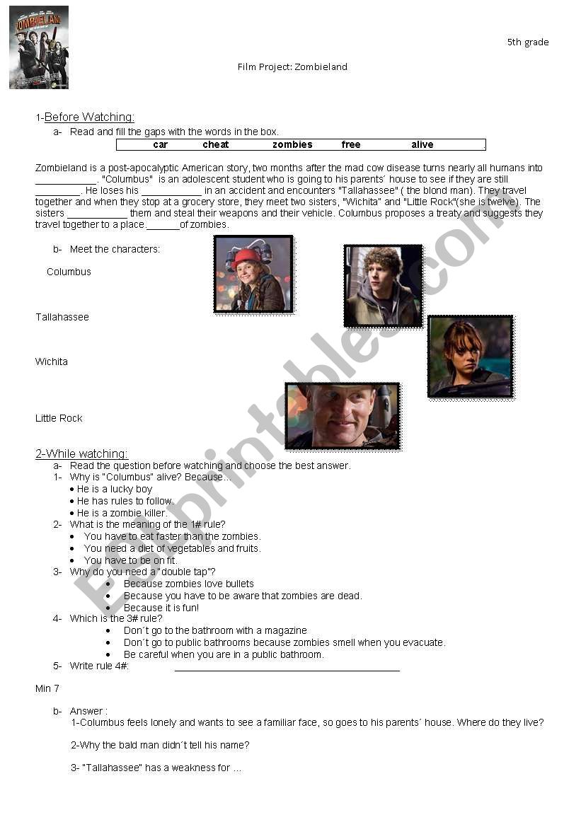 movie project - zombieland worksheet
