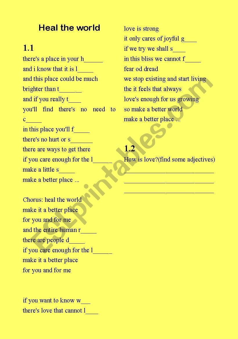 SongHeal the world worksheet