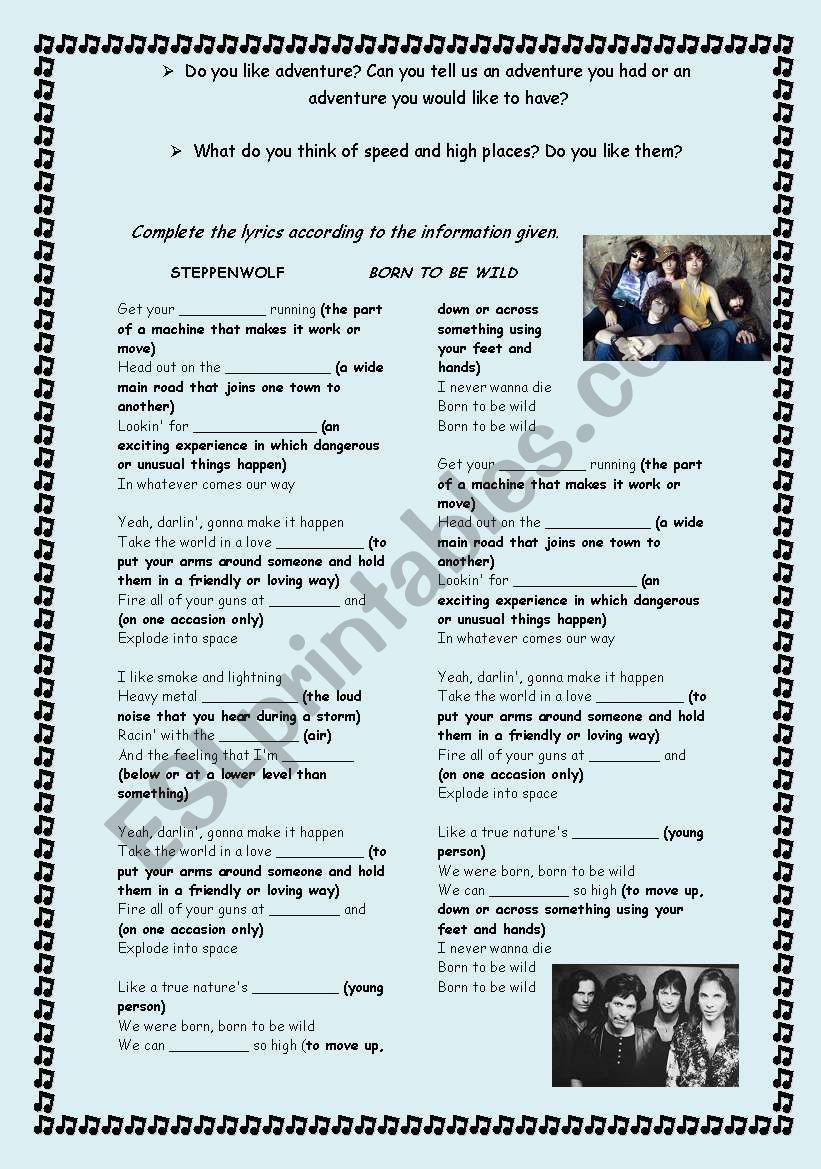 Song - Born to be wild worksheet