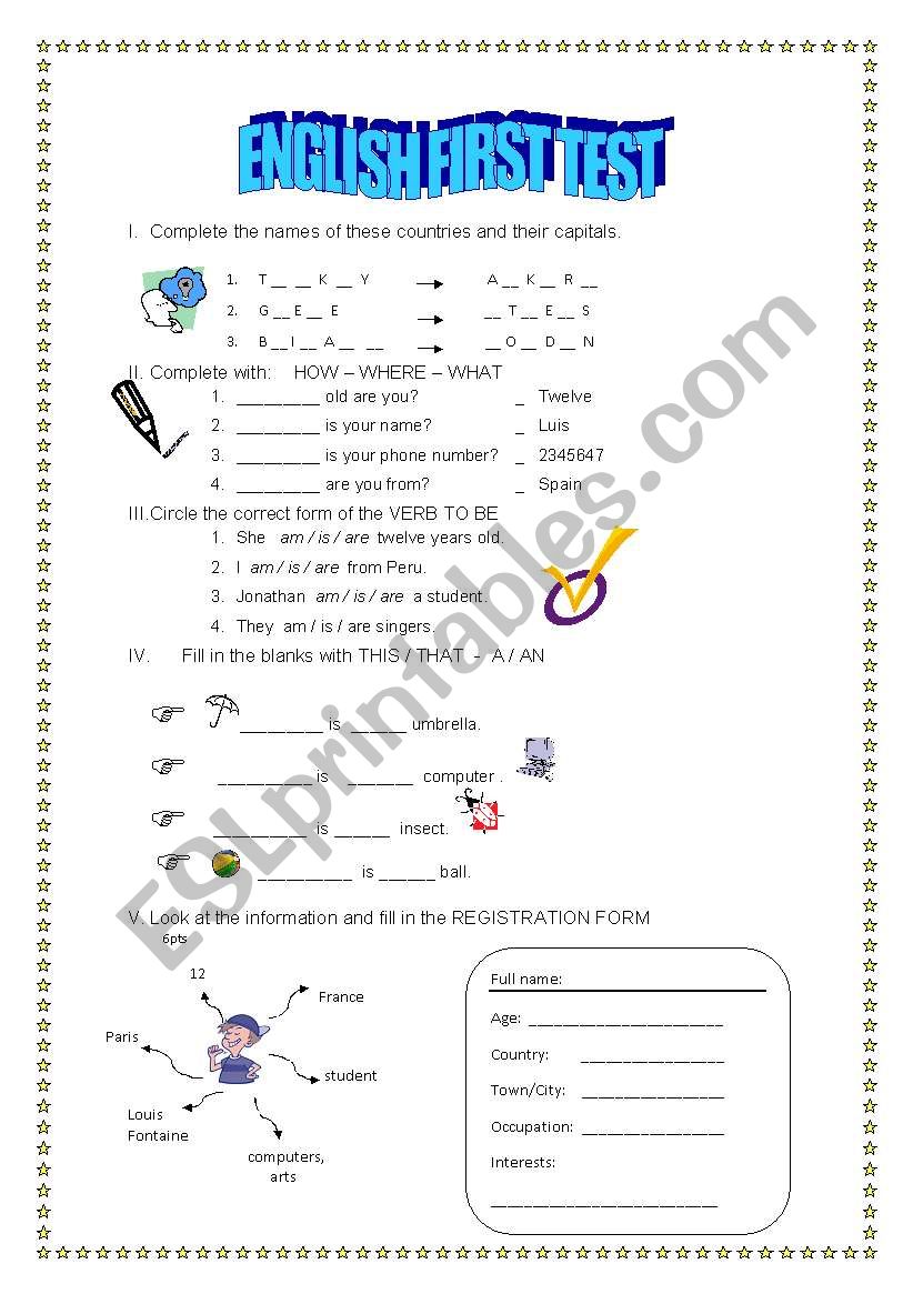 English first test worksheet