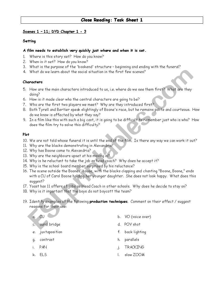 REMEBER THE TITANS WORKSHEET worksheet