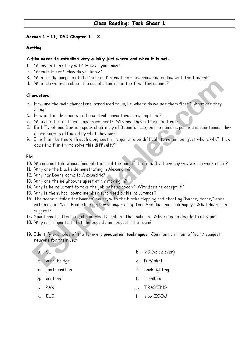 REMEBER THE TITANS WORKSHEET worksheet