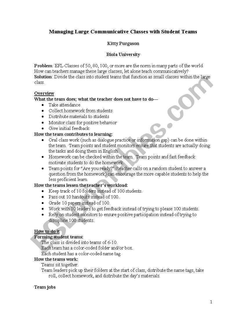 Managing Large Communicative Classes with Student Teams