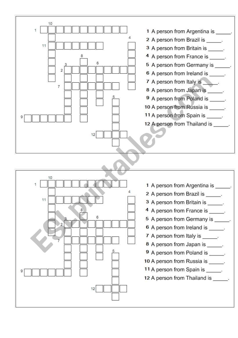 Nationalities crossword worksheet