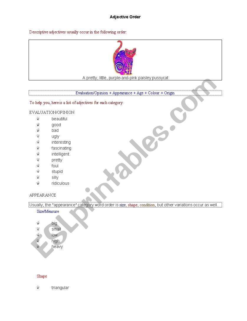 Adjective Order worksheet