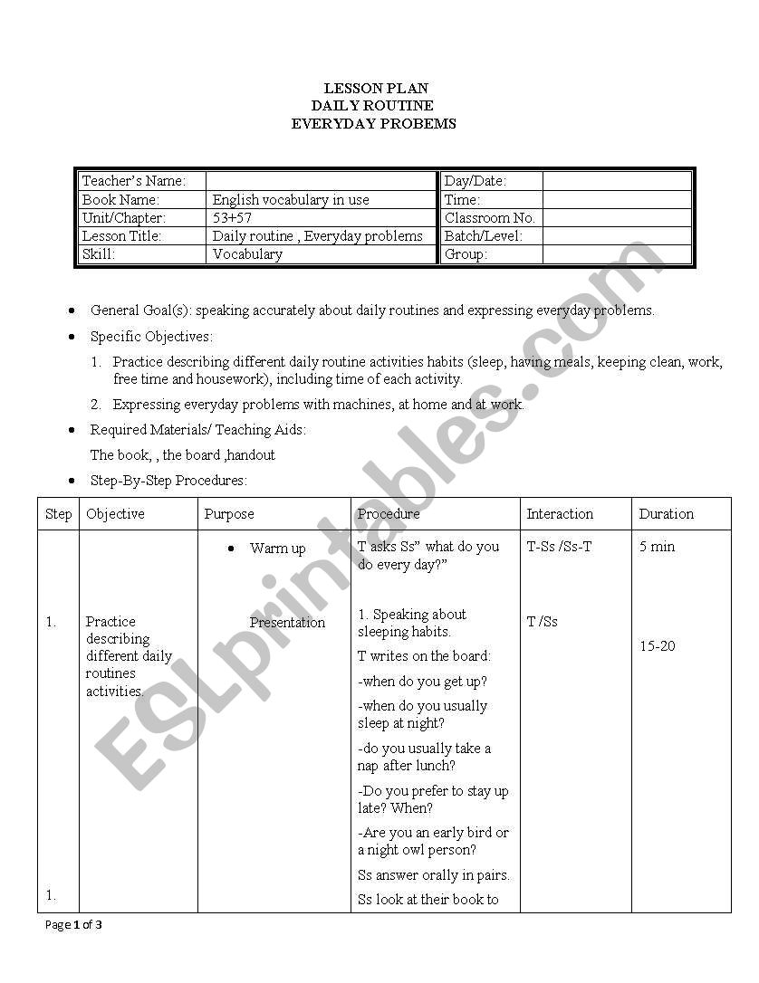 Daily routine lesson plan worksheet