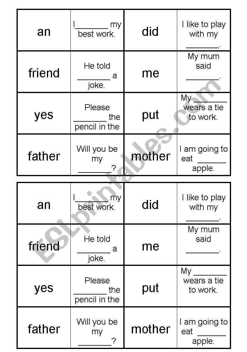 Core word dominoes worksheet