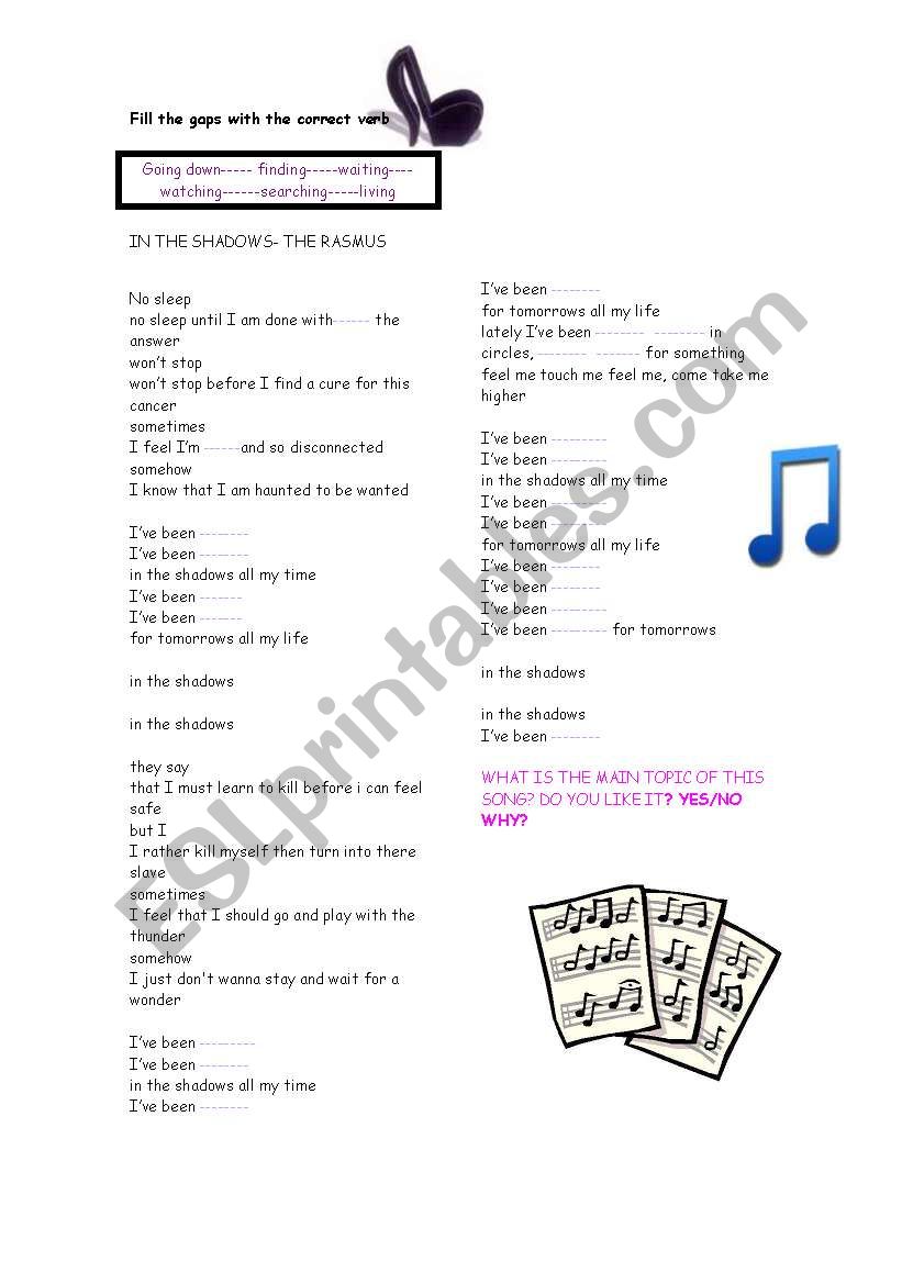 In the Shadows - The Rasmus worksheet