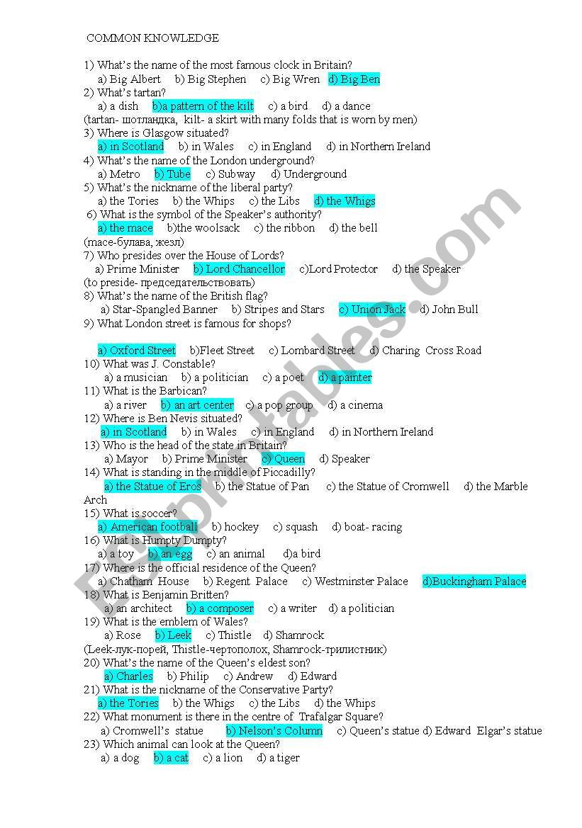 common knowledge worksheet