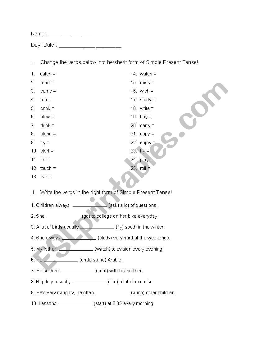 simple present tense exercise worksheet