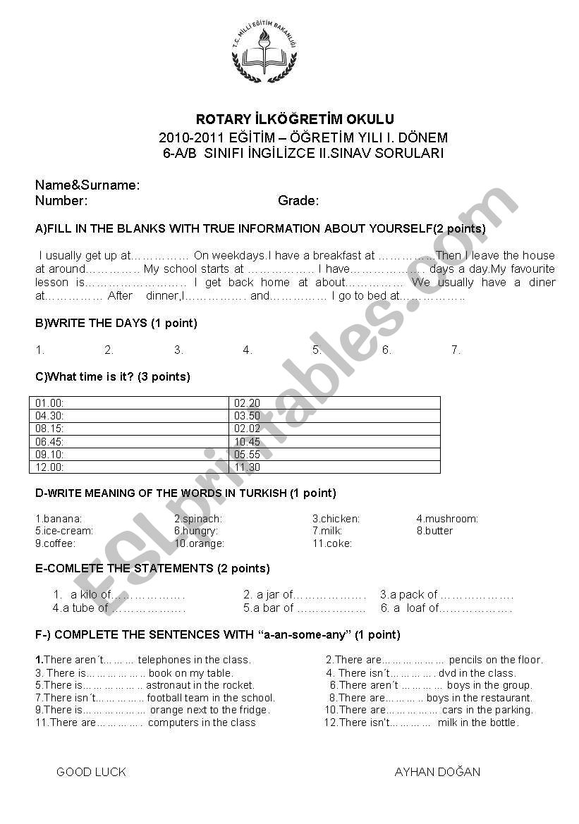 6th grade 2nd exam worksheet