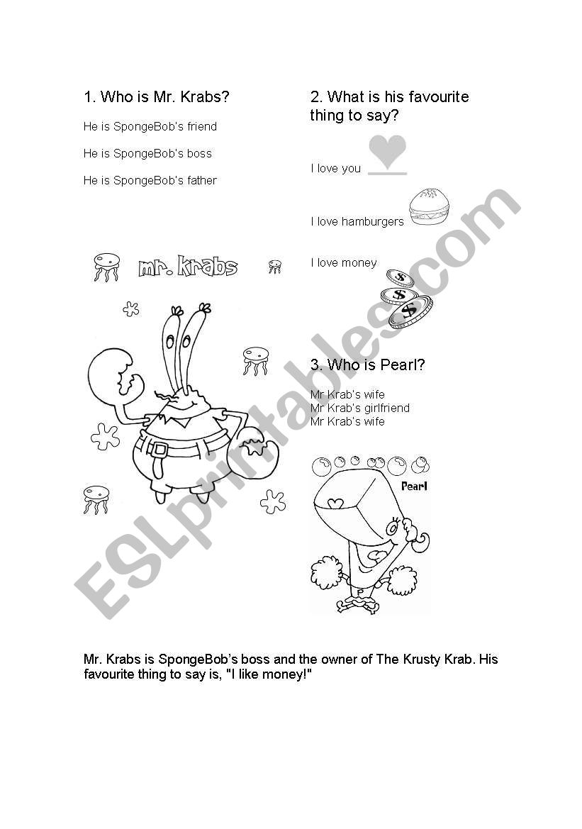 Mr Krab worksheet